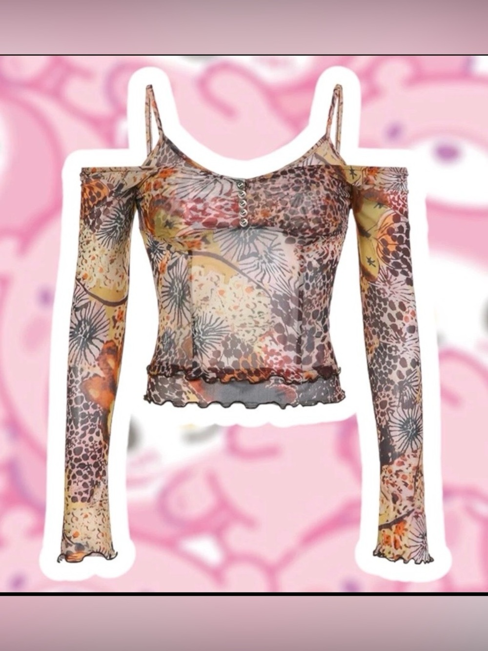 Fairycore Y2K Mesh Boho Sheer Off-Shoulder Top Floral Leopard Print